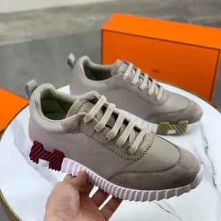 Hermès Beige Burgundy Suede-Leather Hybrid Upper Zigzag-Stitched Eyelets Lifestyle Sneakers
