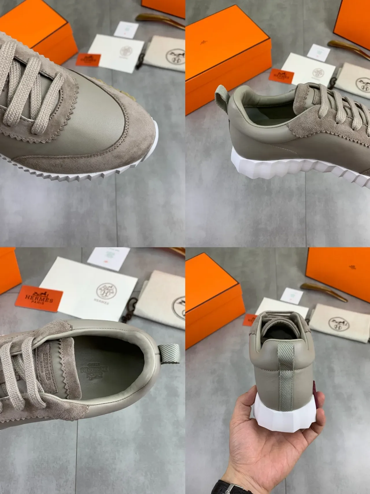 Hermès Beige Burgundy Sneakers Lifestyle avec tige Suede-Leather Hybrid, œillets cousus en zigzag 2