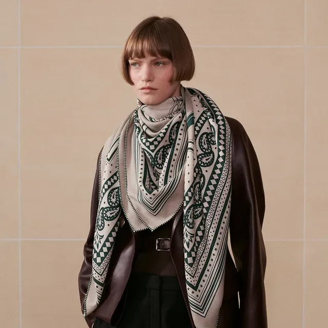 Hermès Beige Vert Motif Géométrique Étoile Écharpe en Soie 3