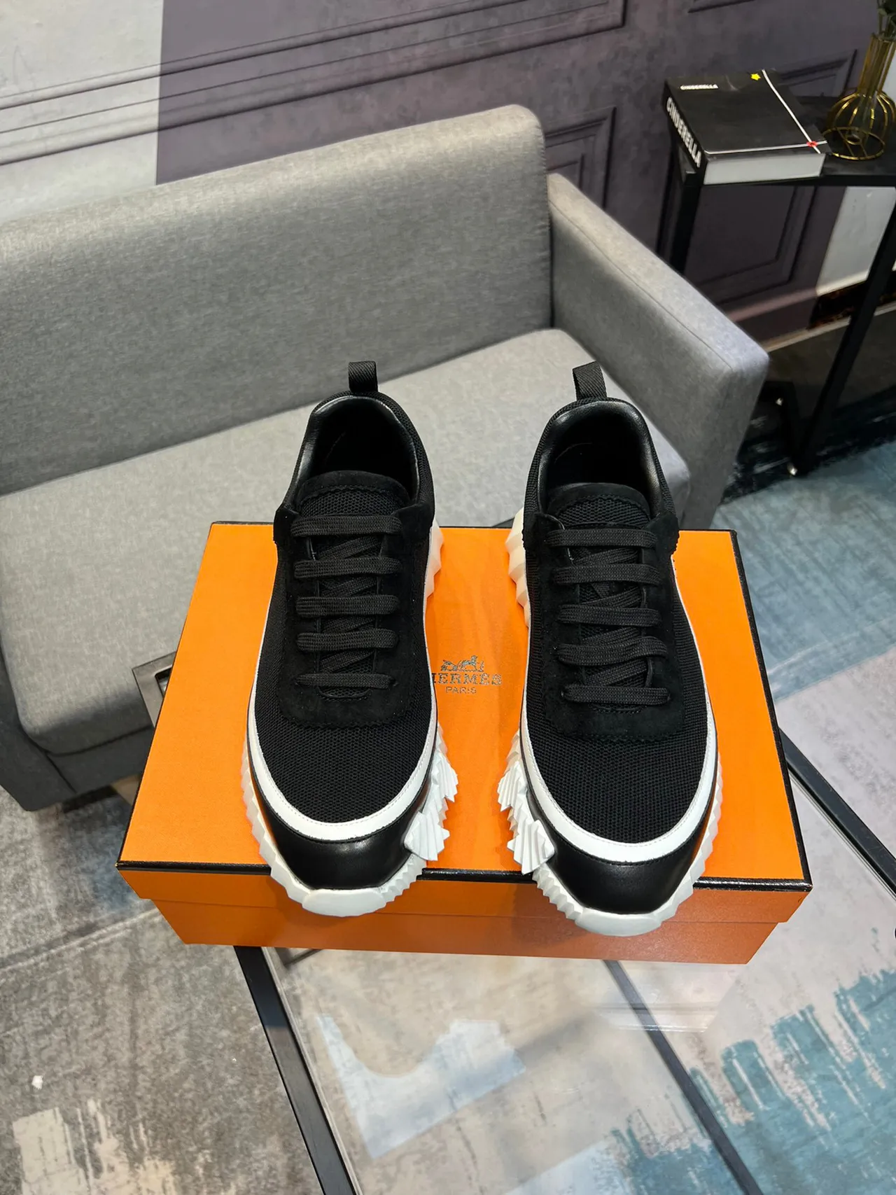 Hermès Black and White Mesh Suede Sneakers 3