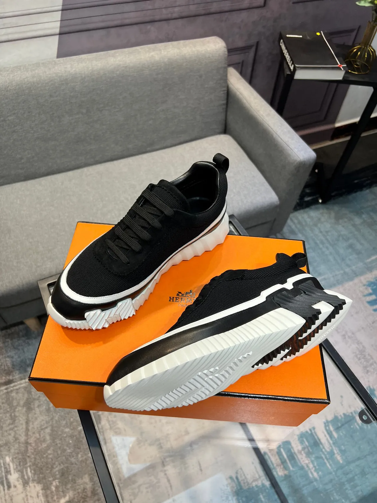 Hermès Black and White Mesh Suede Sneakers 4
