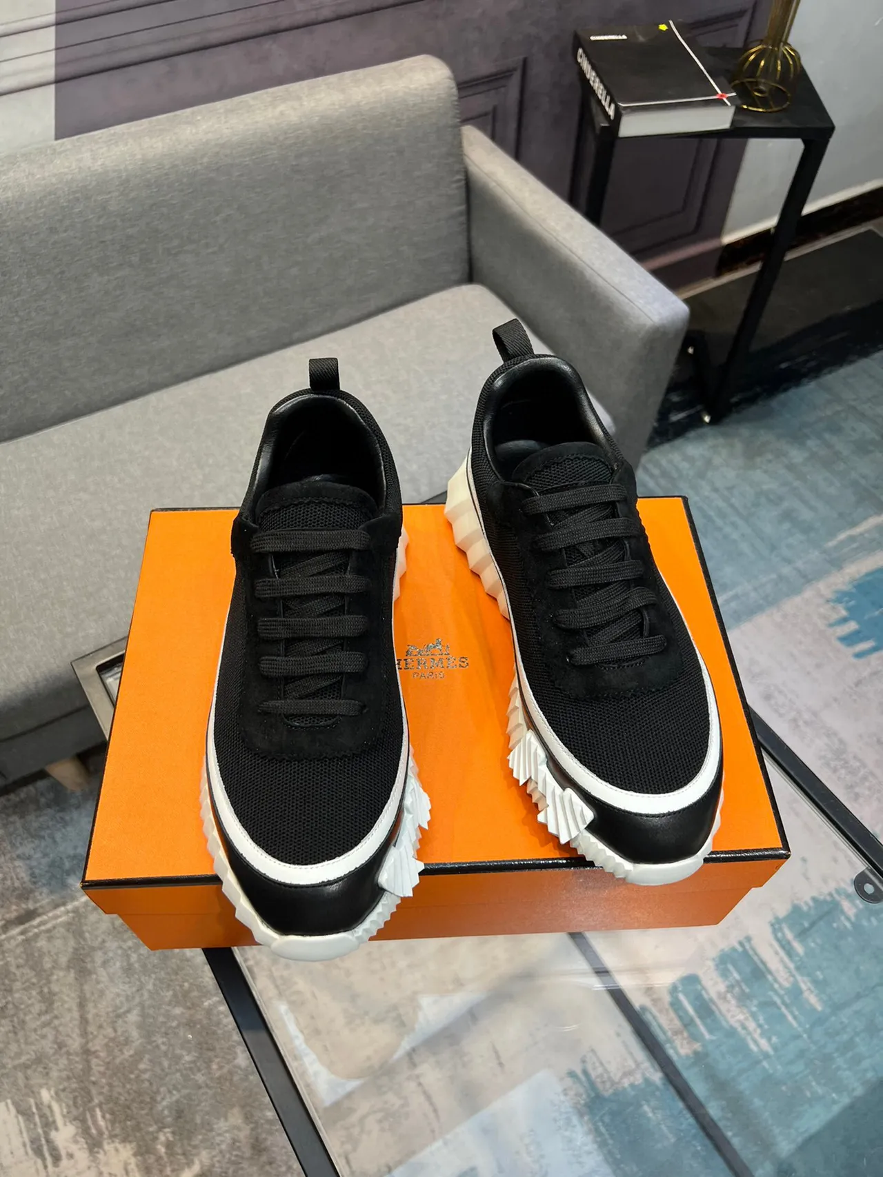 Hermès Black and White Mesh Suede Sneakers 5