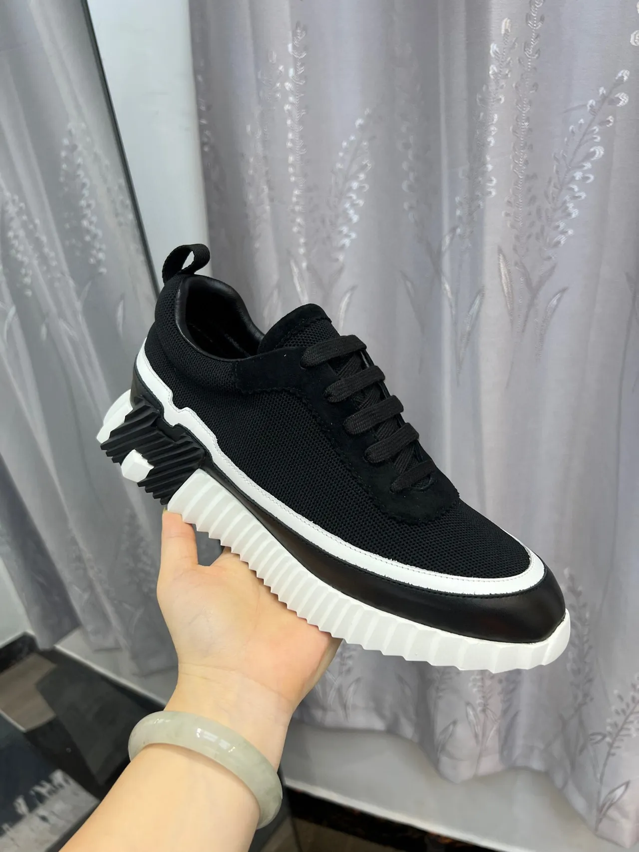 Hermès Black and White Mesh Suede Sneakers 6