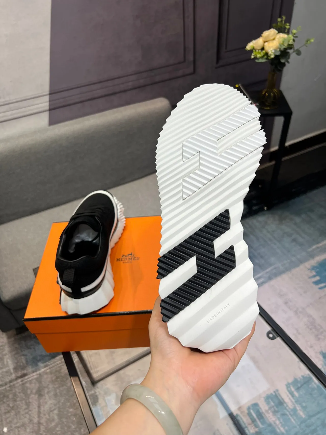 Hermès Black and White Mesh Suede Sneakers 7