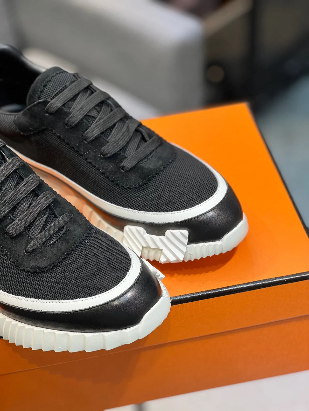 Hermès Black and White Mesh Suede Sneakers 9
