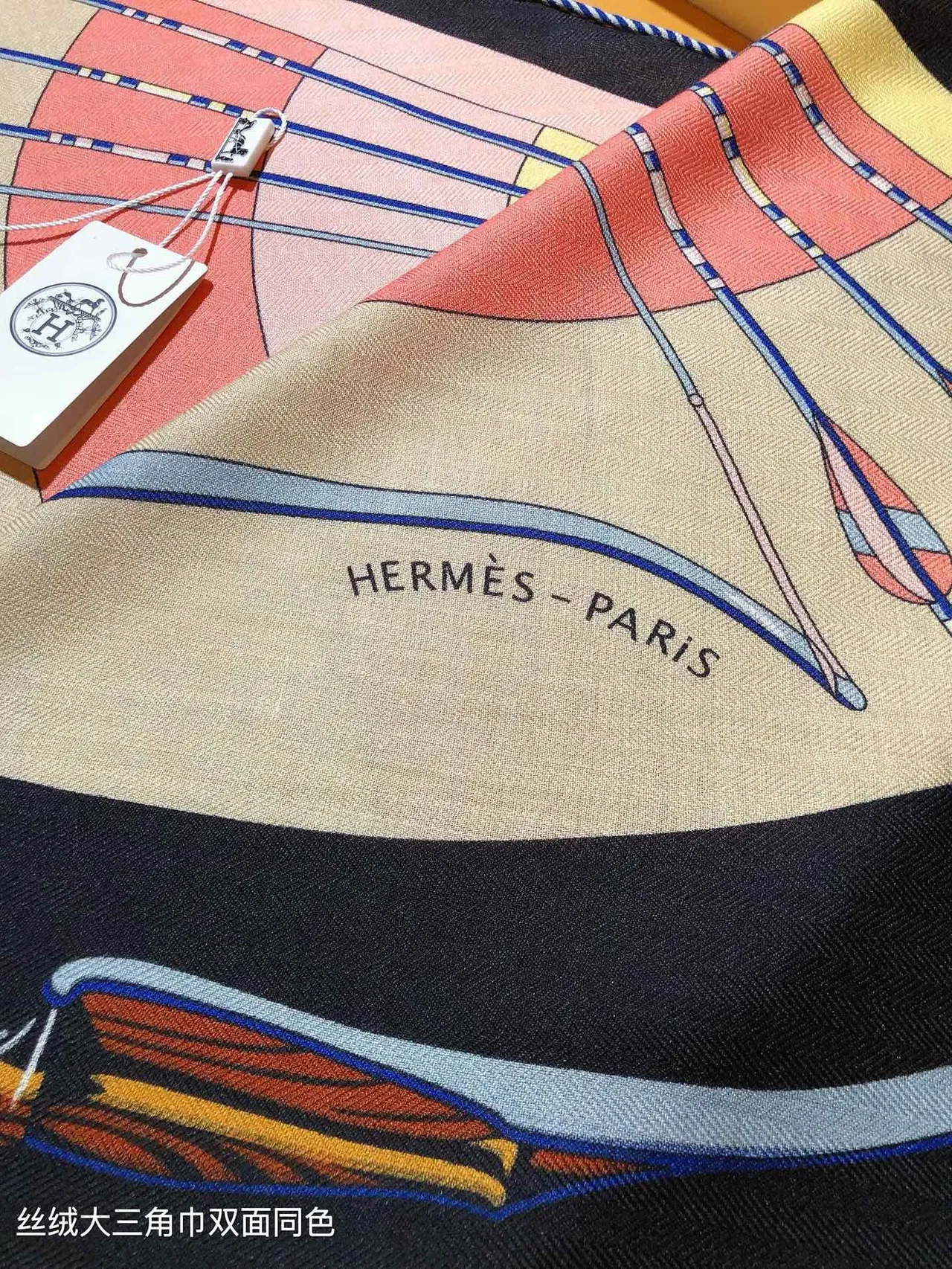 Hermès 黑色 米色 大 三角形 帆船印花 丝巾 7