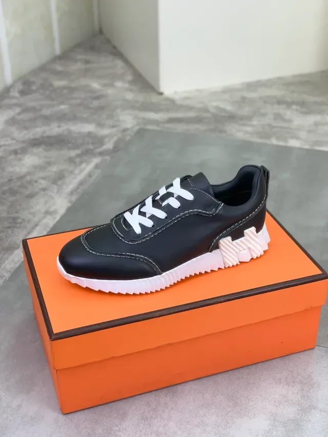 Hermès Black White Leather Upper Contrast Stitching Sneakers 4