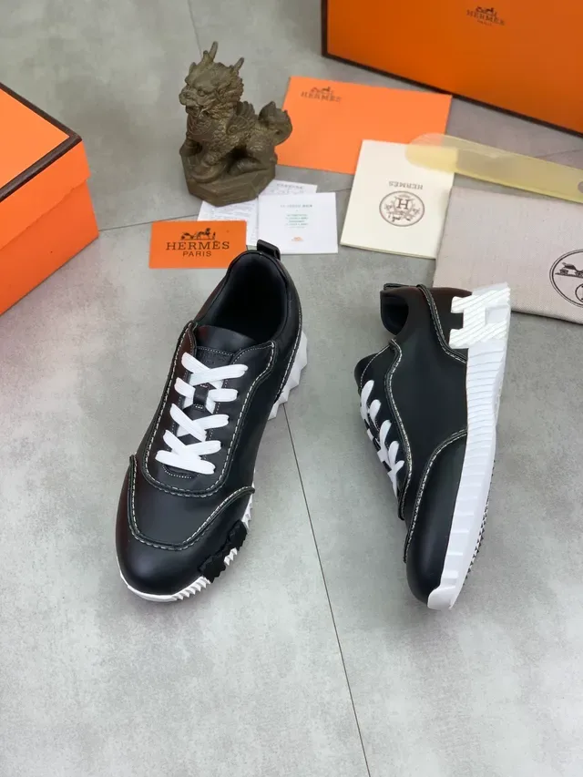 Hermès Black White Leather Upper Contrast Stitching Sneakers 5
