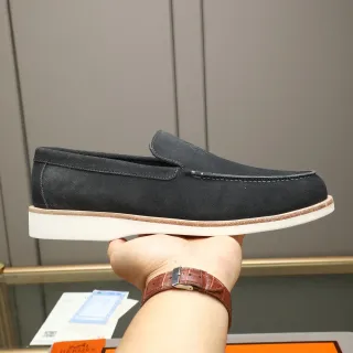 Hermès Camurça Preto Branco Costura Contraste Loafer Sillar
