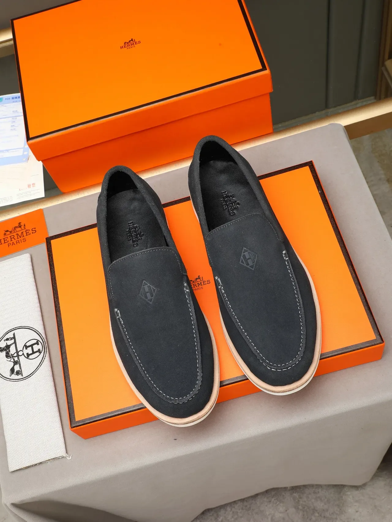 Hermès Black White Suede Upper Contrast-Stitched Saddle Loafer 2