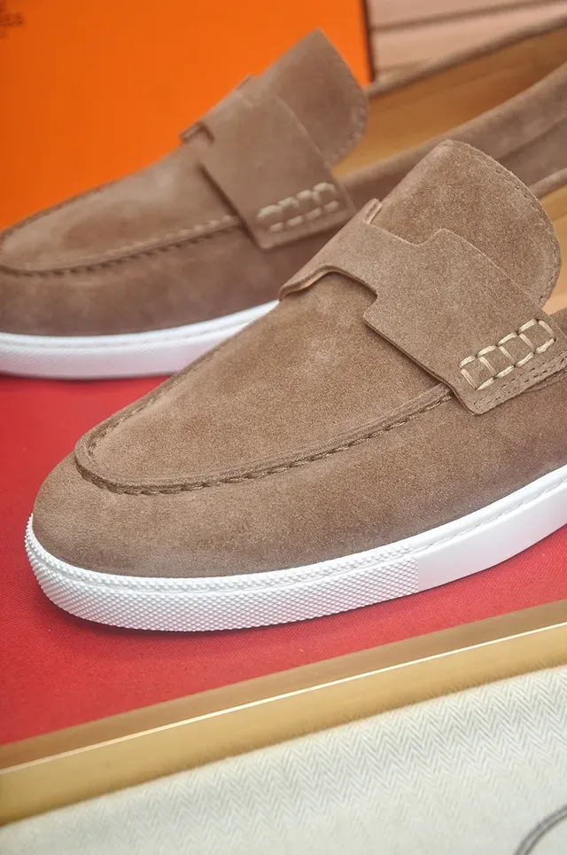 Hermès Brown White Suede Upper H-Shaped Strap Loafer 2