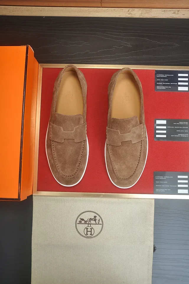 Hermès Brown White Suede Upper H-Shaped Strap Loafer 5