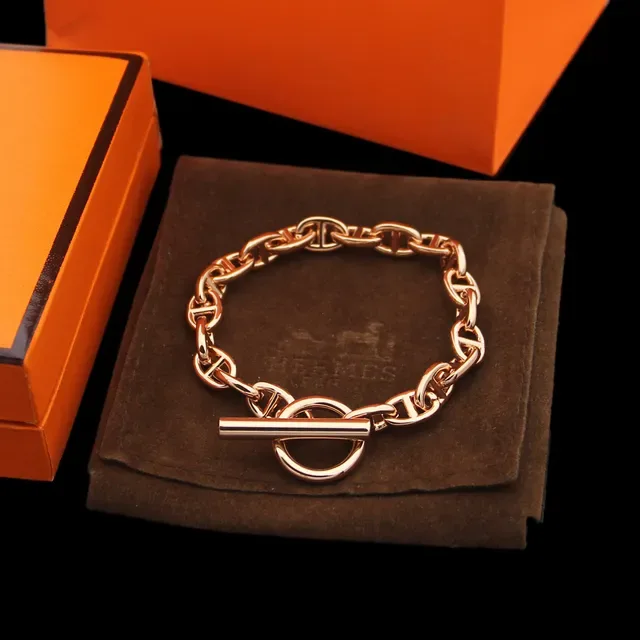 Hermès Chaine d'Ancre Silver Gold Oval-Link Chain Toggle Clasp Bracelet 4