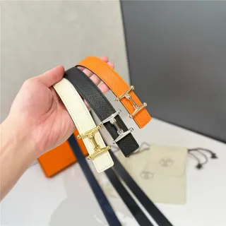 Hermès Constance Orange Black Narrow Strap H-Shaped Metal Buckle Leather Belt