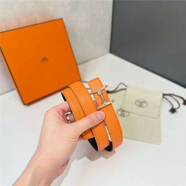 Hermès Constance Orange Black Narrow Strap H-Shaped Metal Buckle Leather Belt 7