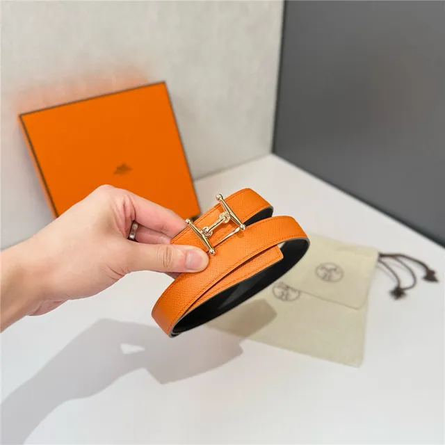 Hermès Constance Orange Black Narrow Strap H-Shaped Metal Buckle Leather Belt 10