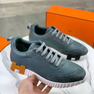 Hermès Gray Orange Mixed Leather And Suede Upper Serrated Edge Stitching Lifestyle Sneakers