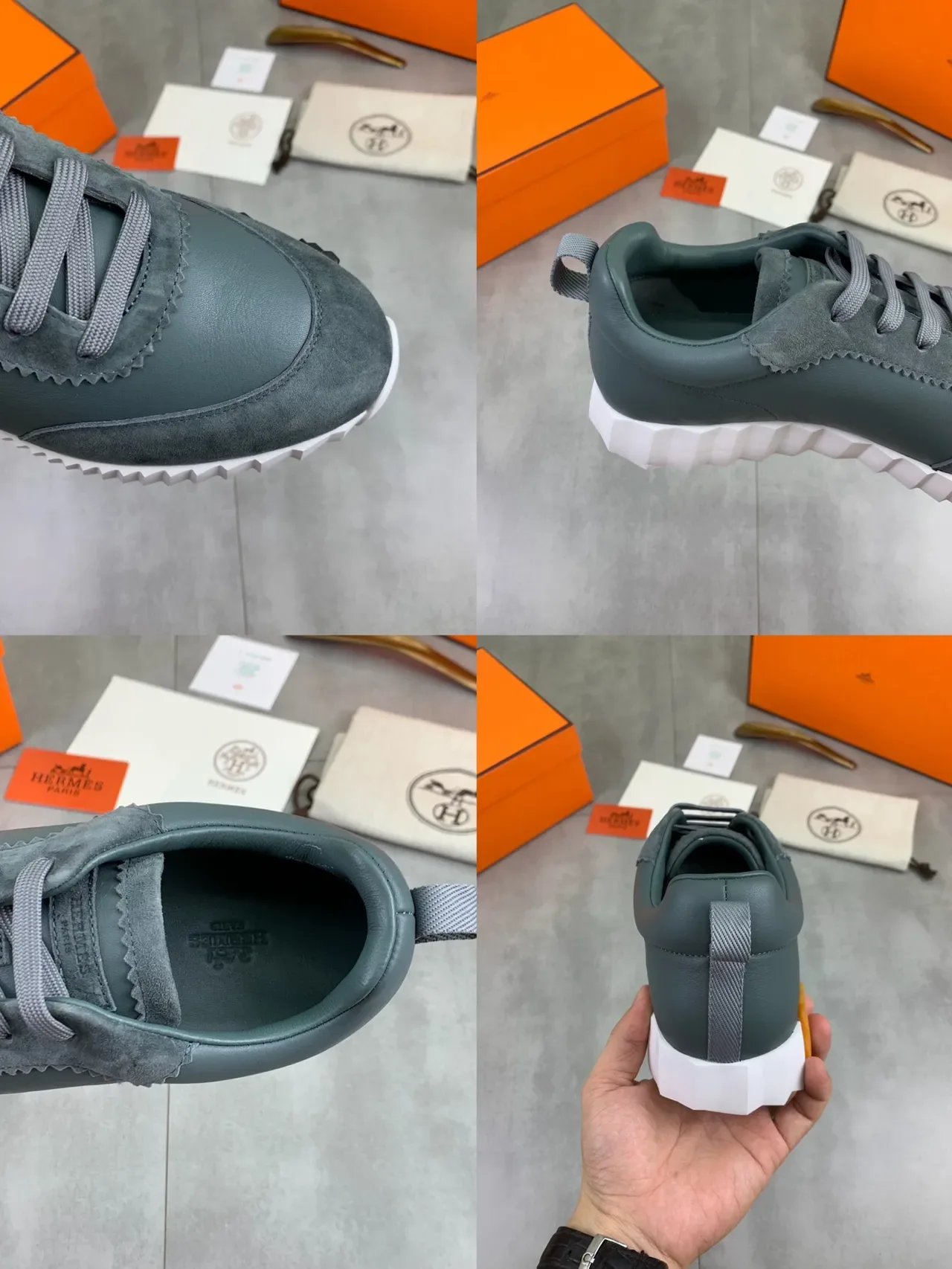 Hermès Gris Orange Cuir Et Daim Supérieur Couture Bords Dentelés Lifestyle Sneakers 2