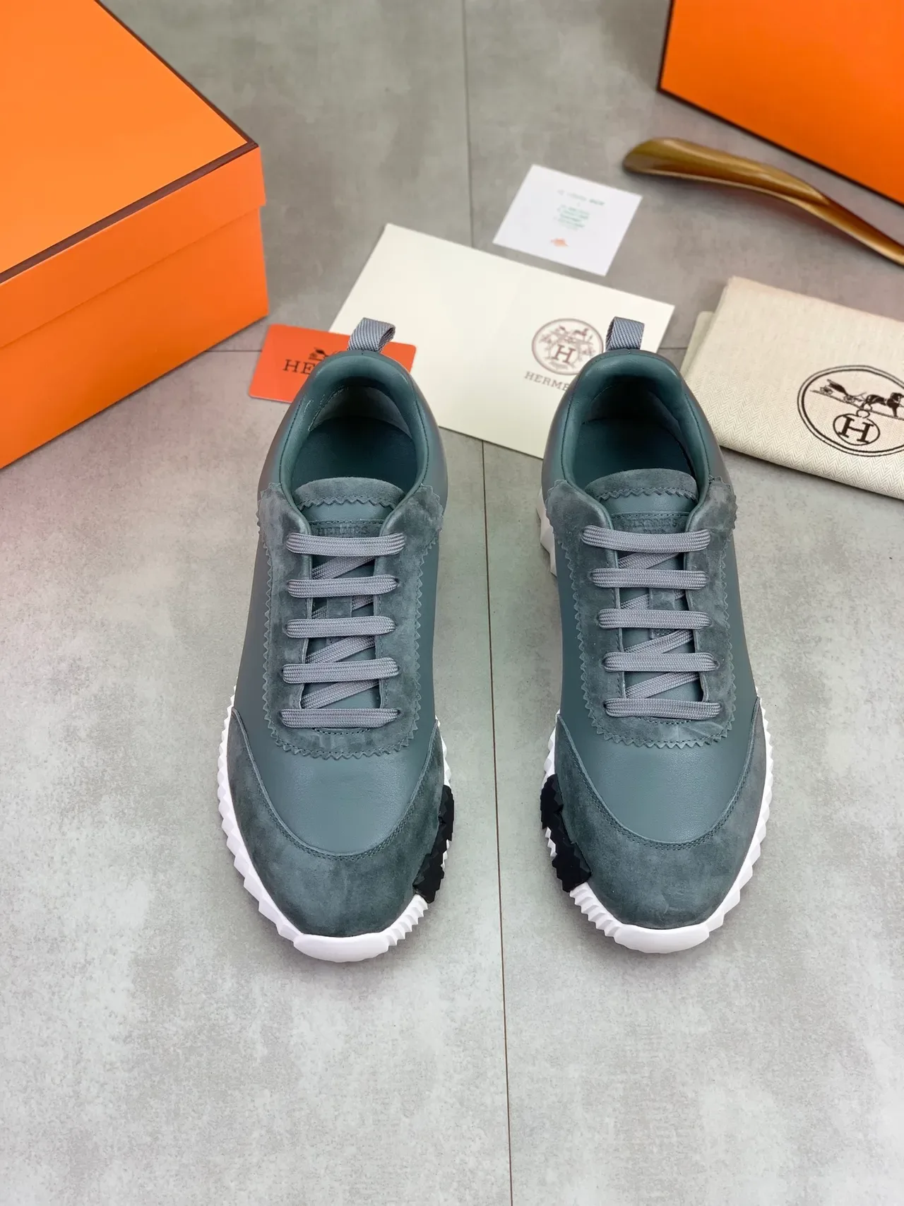 Hermès Gris Orange Cuir Et Daim Supérieur Couture Bords Dentelés Lifestyle Sneakers 4