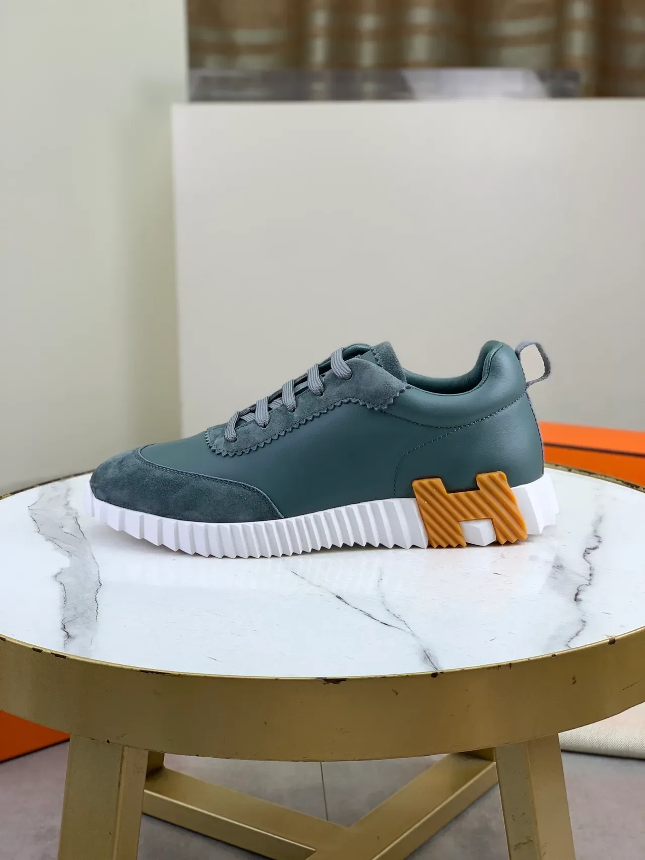 Hermès Gris Orange Cuir Et Daim Supérieur Couture Bords Dentelés Lifestyle Sneakers 5