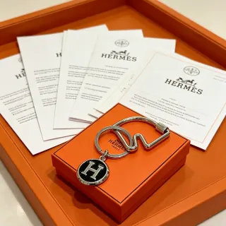 Hermès H Charm Key Ring Silver Tone Black Enamel Bracelet