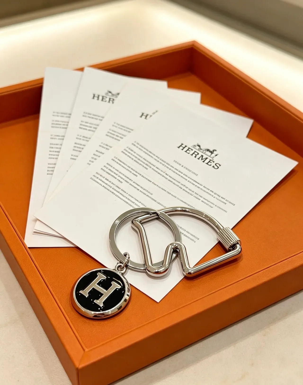 Hermès H Charm Key Ring Silver Tone Black Enamel Bracelet 2