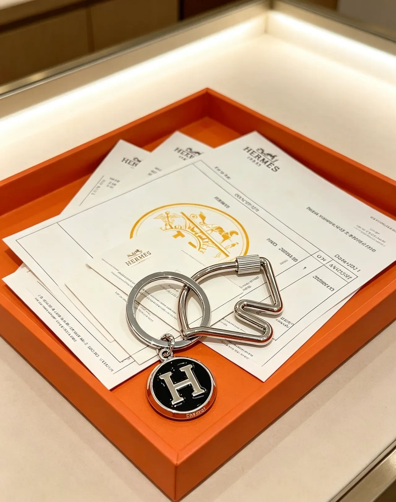 Hermès H Charm Key Ring Silver Tone Black Enamel Bracelet 3