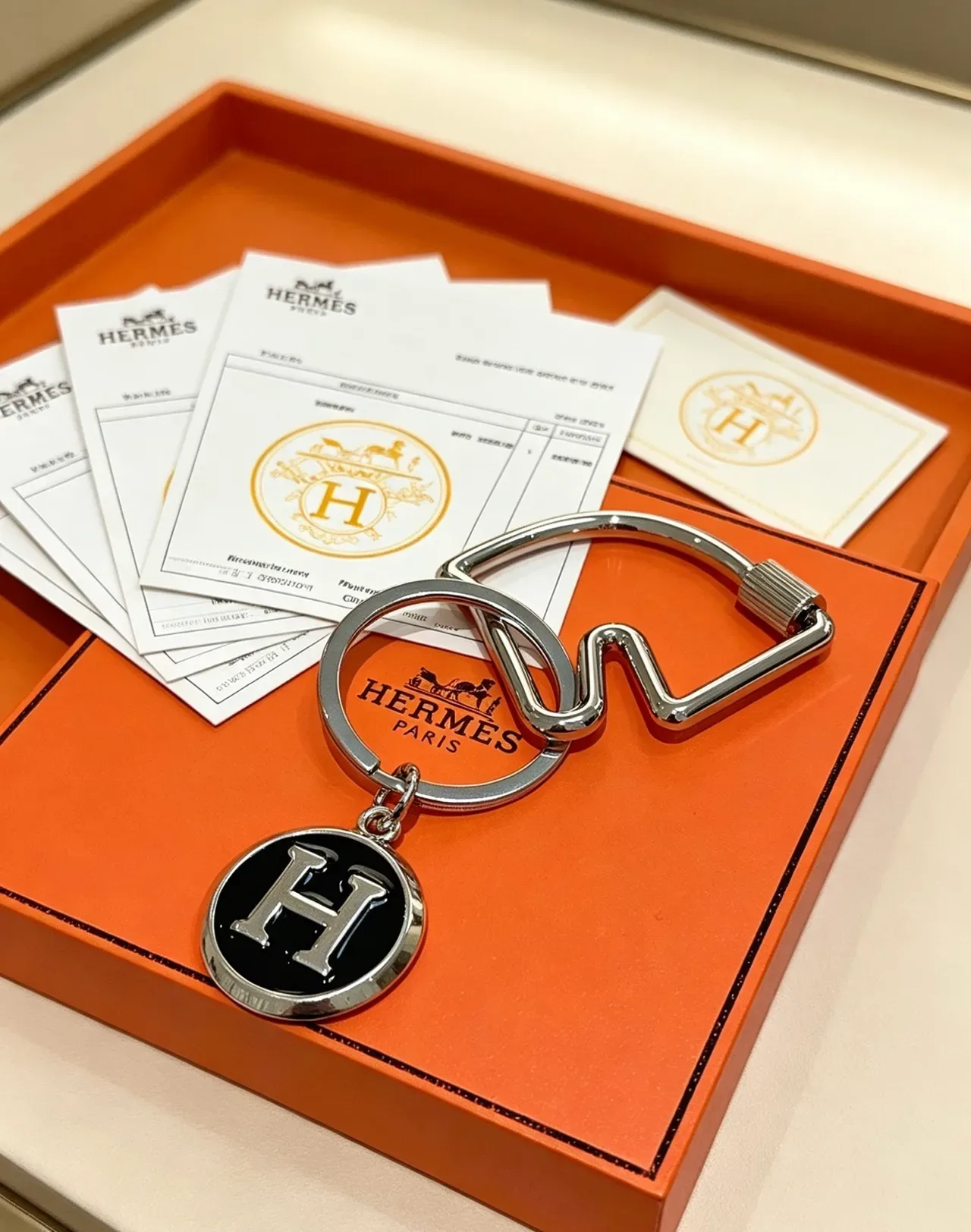 Hermès H Charm Key Ring Silver Tone Black Enamel Bracelet 4