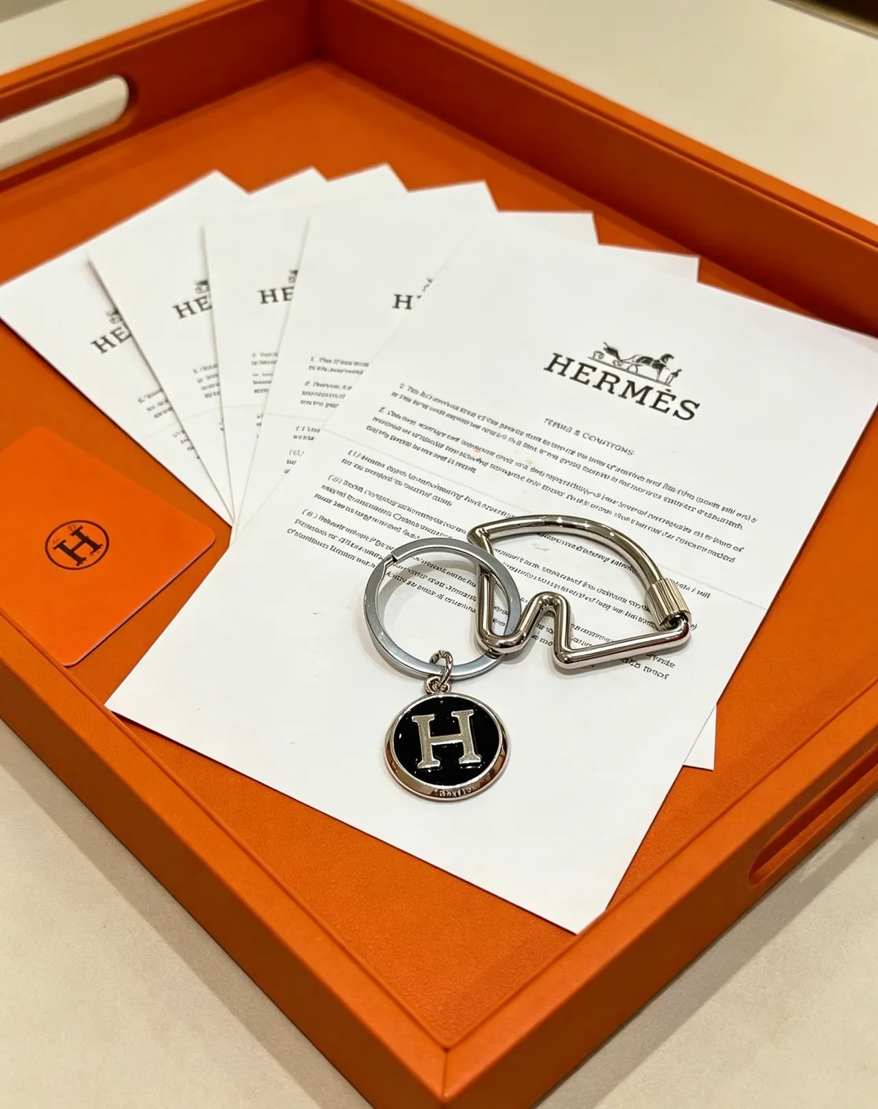 Hermès H Charm Key Ring Silver Tone Black Enamel Bracelet 5