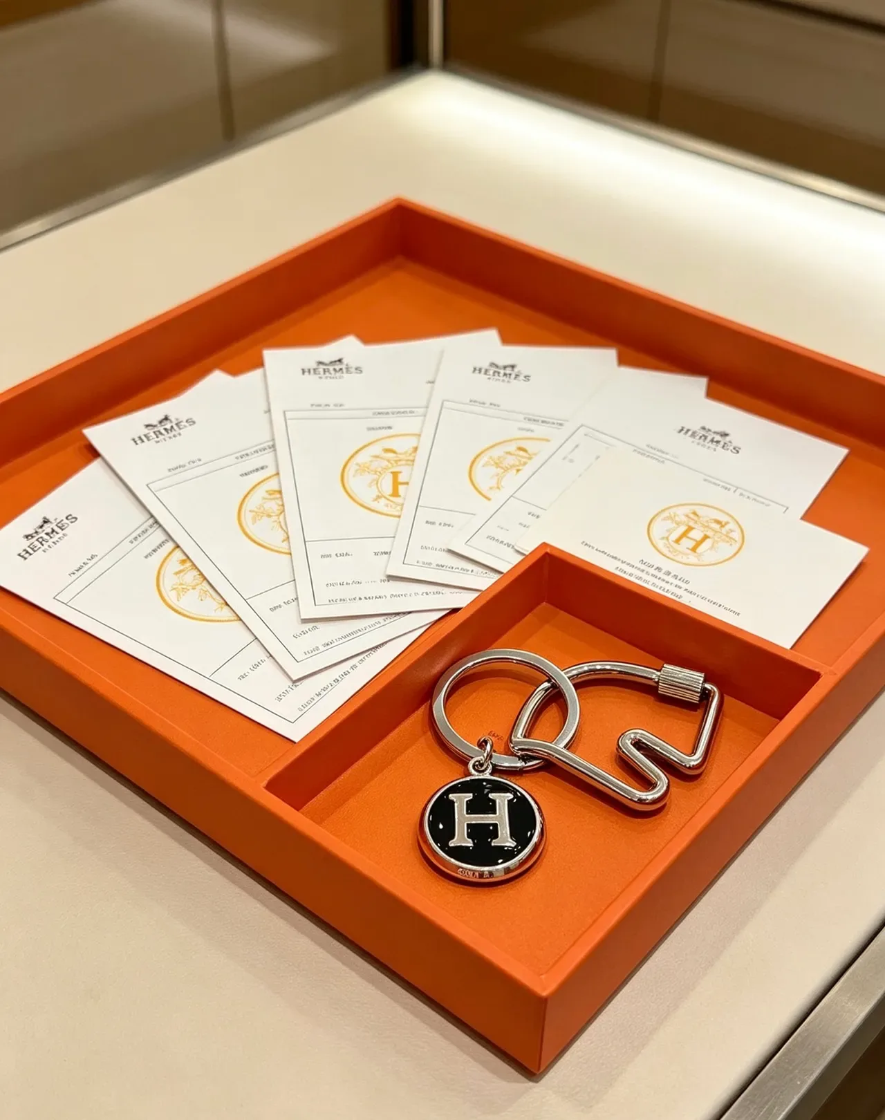 Hermès H Charm Key Ring Silver Tone Black Enamel Bracelet 6