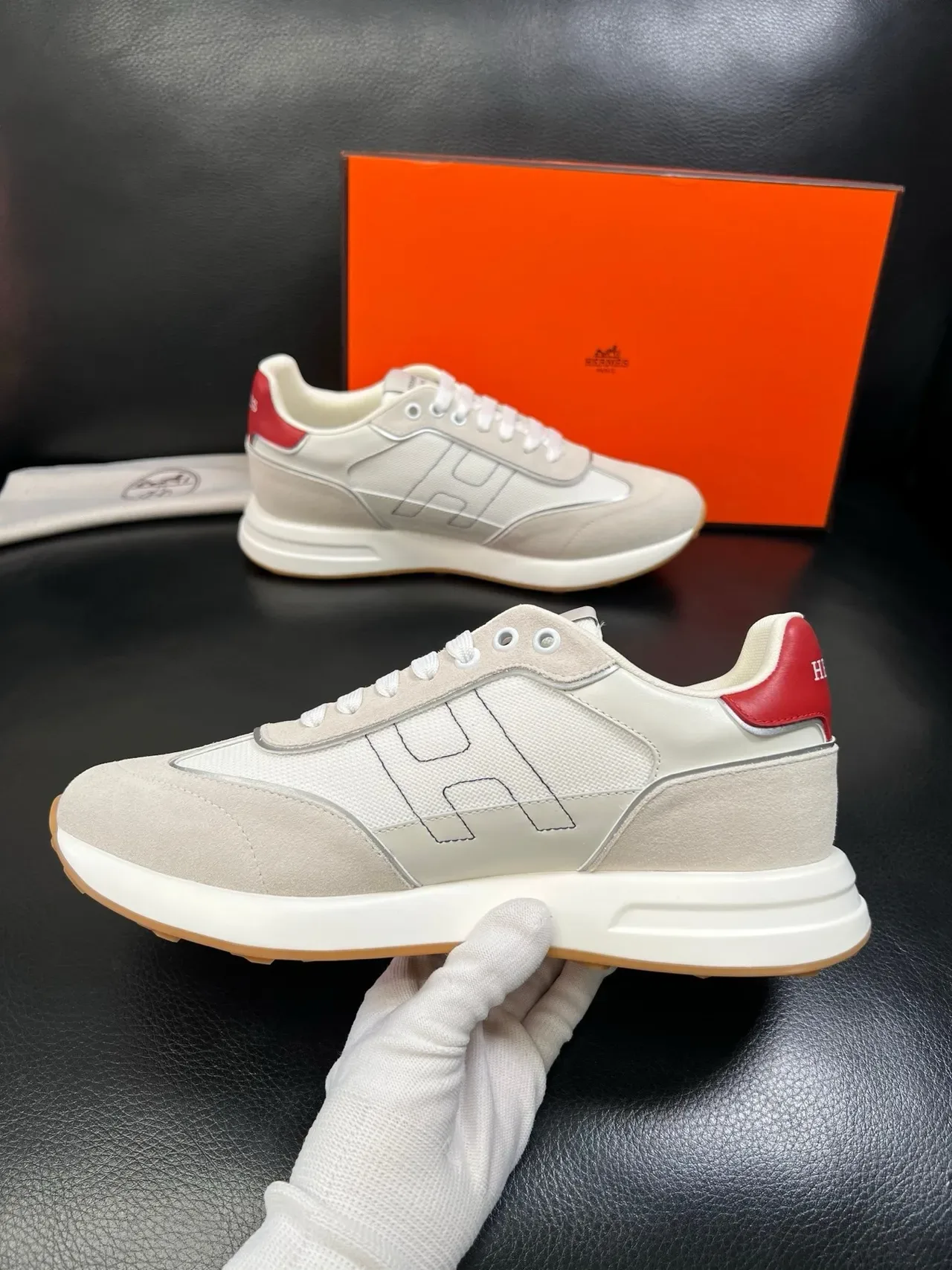 Hermès H Course Beige Navy Red Lifestyle Sneakers 4