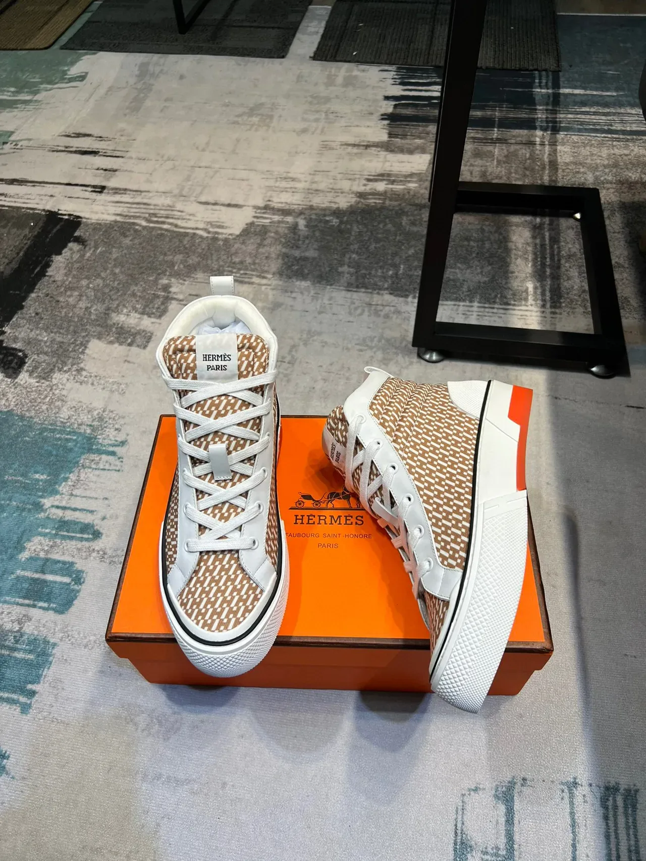 Hermès H Cut Geometric Pattern Beige and White Lifestyle Sneakers 4