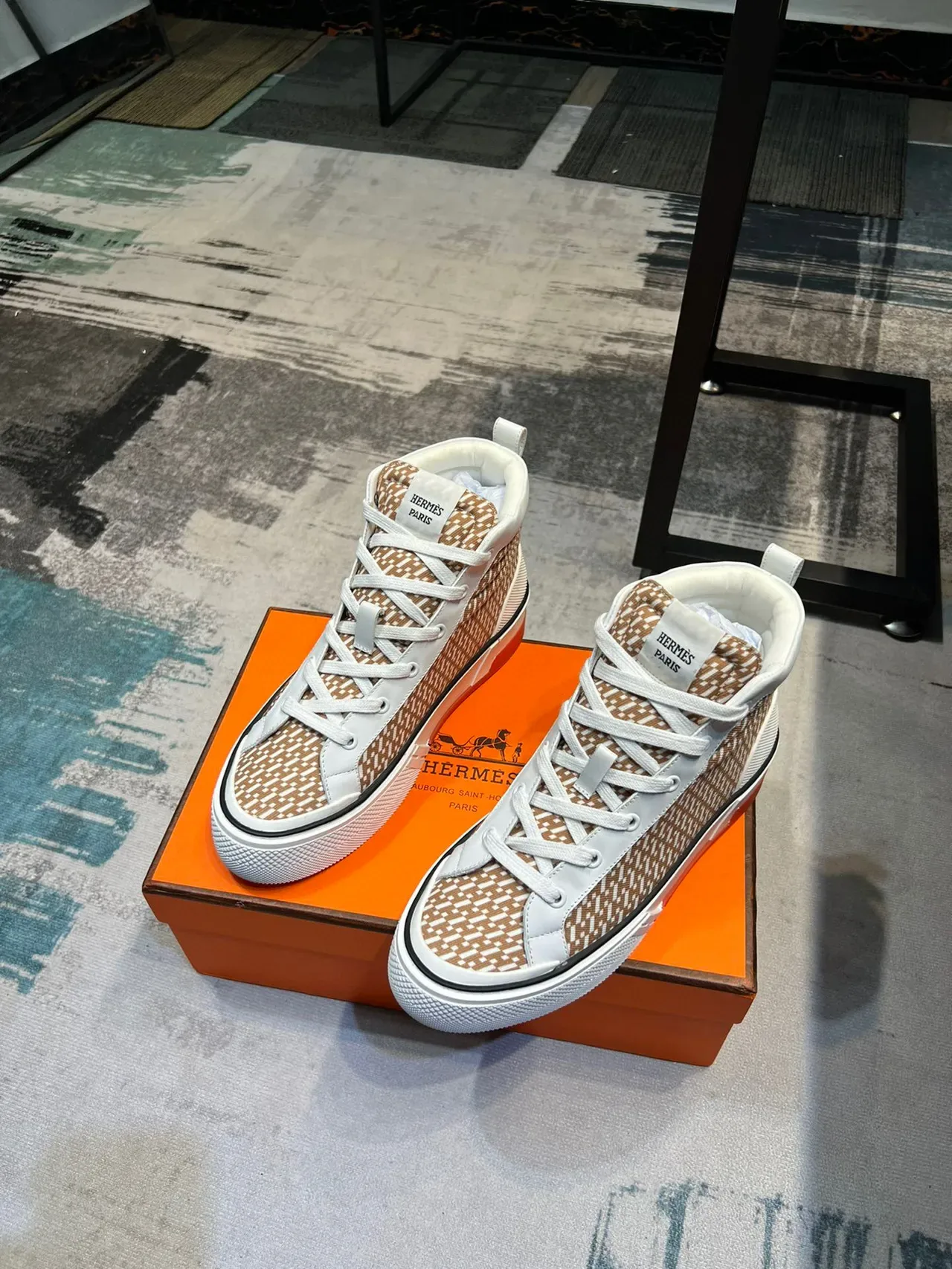 Hermès H Cut Geometric Pattern Beige and White Lifestyle Sneakers 5