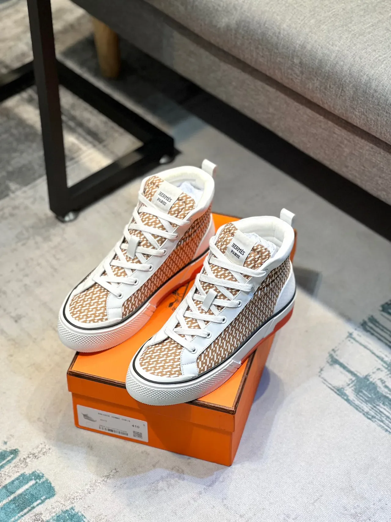 Hermès H Cut Geometric Pattern Beige and White Lifestyle Sneakers 7