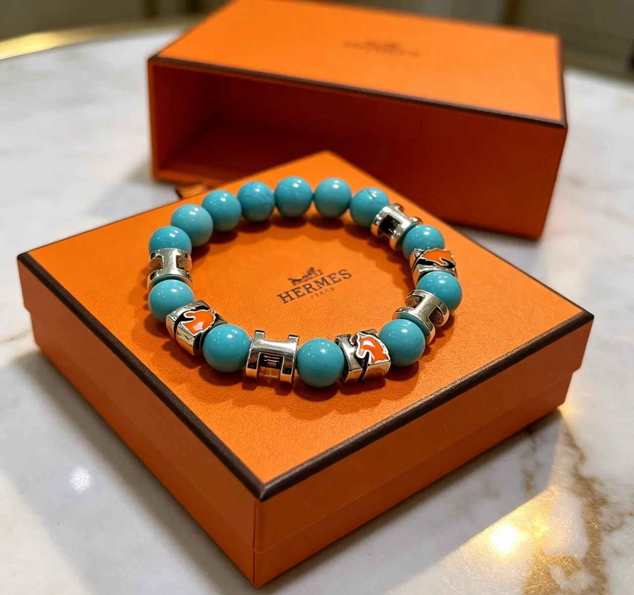 Hermès H-Link Blue Orange Beaded Motif Bracelet 2