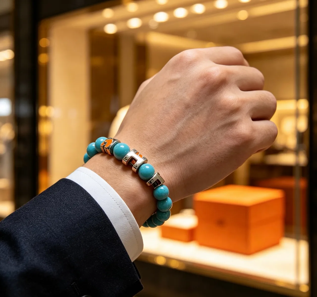 Hermès H-Link Blue Orange Beaded Motif Bracelet 3