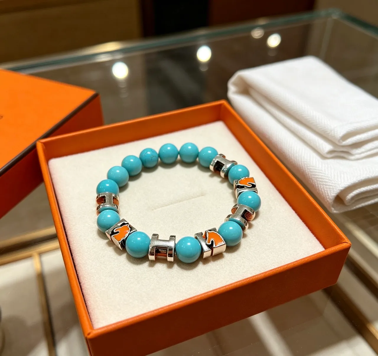 Hermès H-Link Blue Orange Beaded Motif Bracelet 4