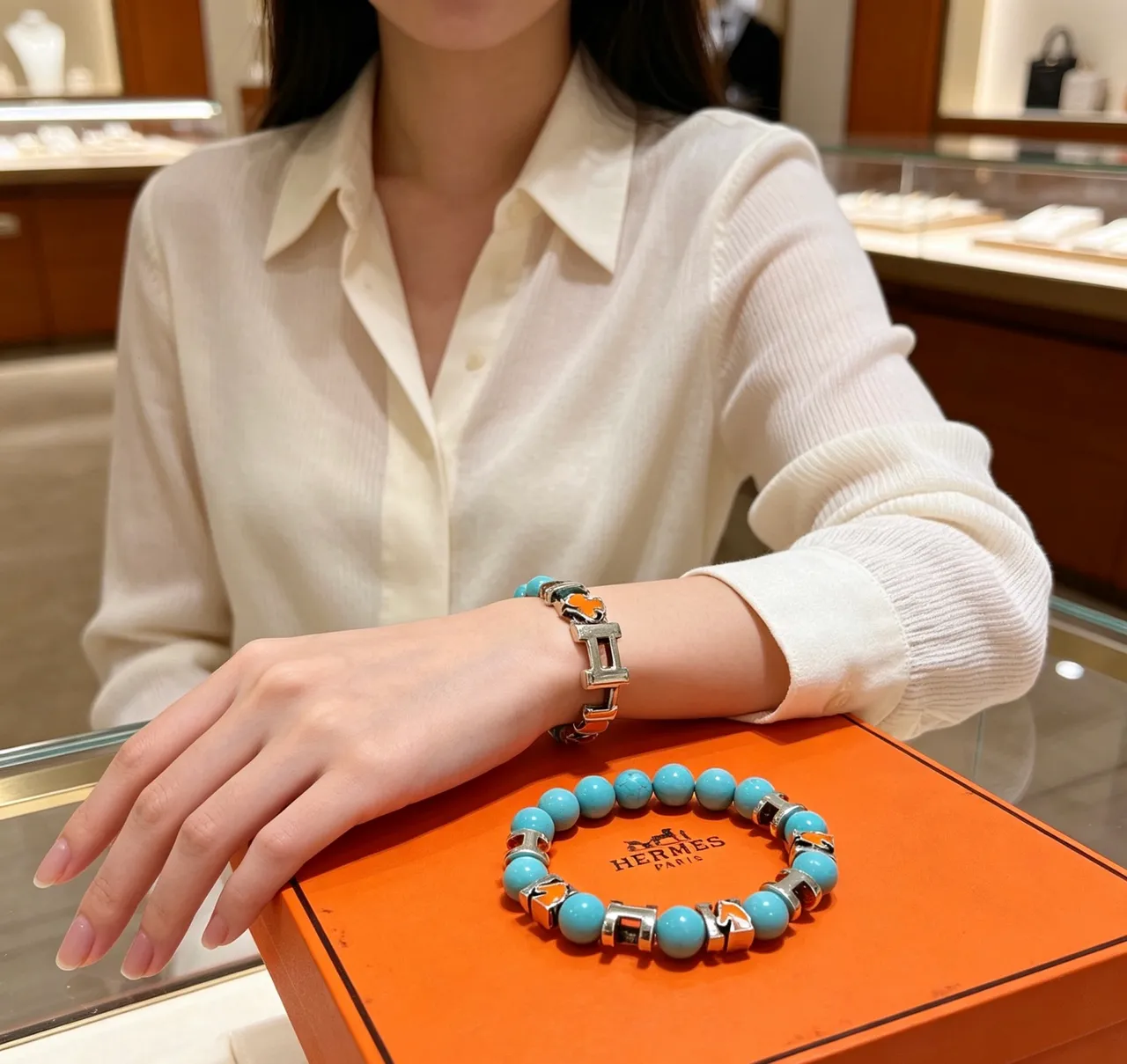 Hermès H-Link Blue Orange Beaded Motif Bracelet 5