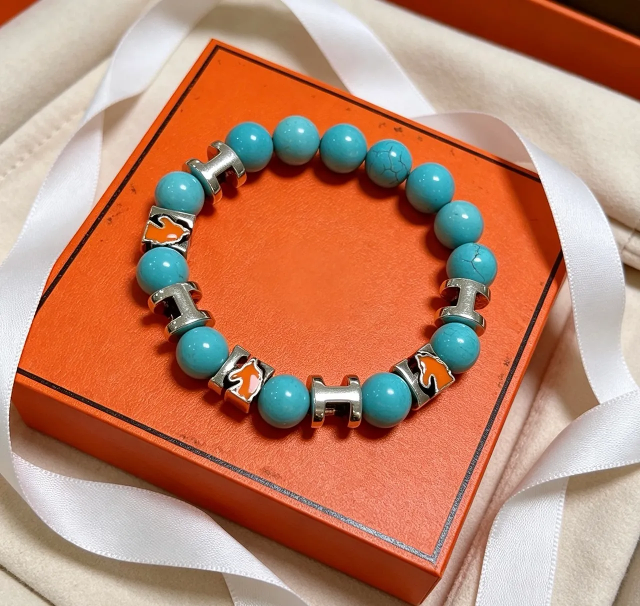 Hermès H-Link Blue Orange Beaded Motif Bracelet 6