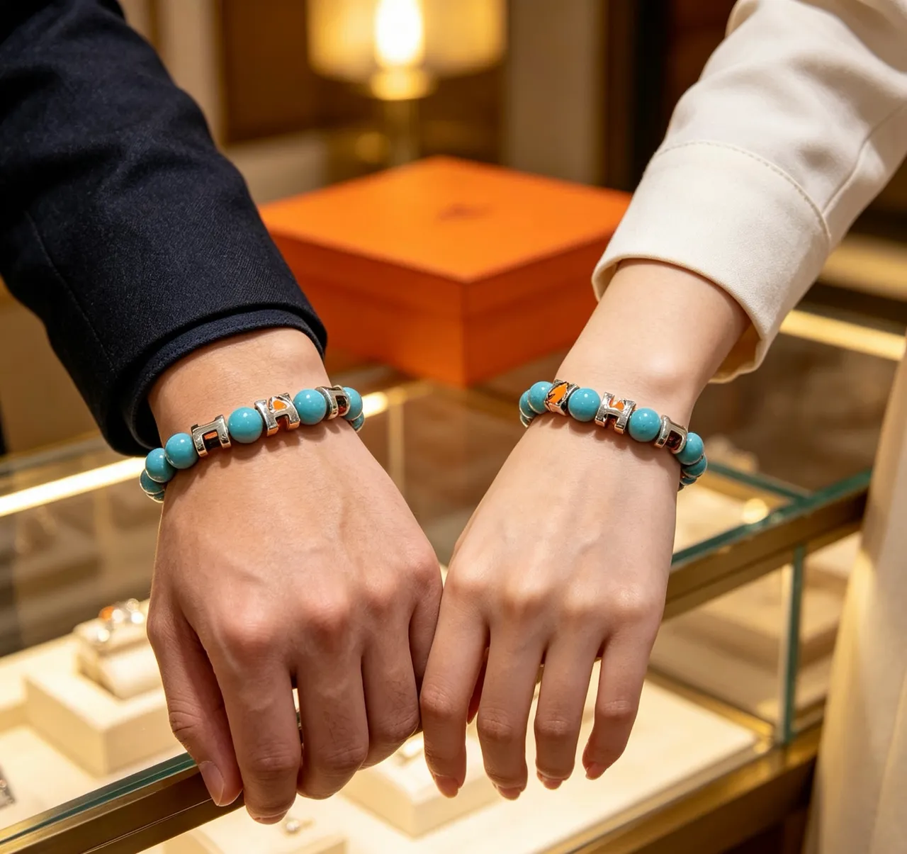 Hermès H-Link Blue Orange Beaded Motif Bracelet 7