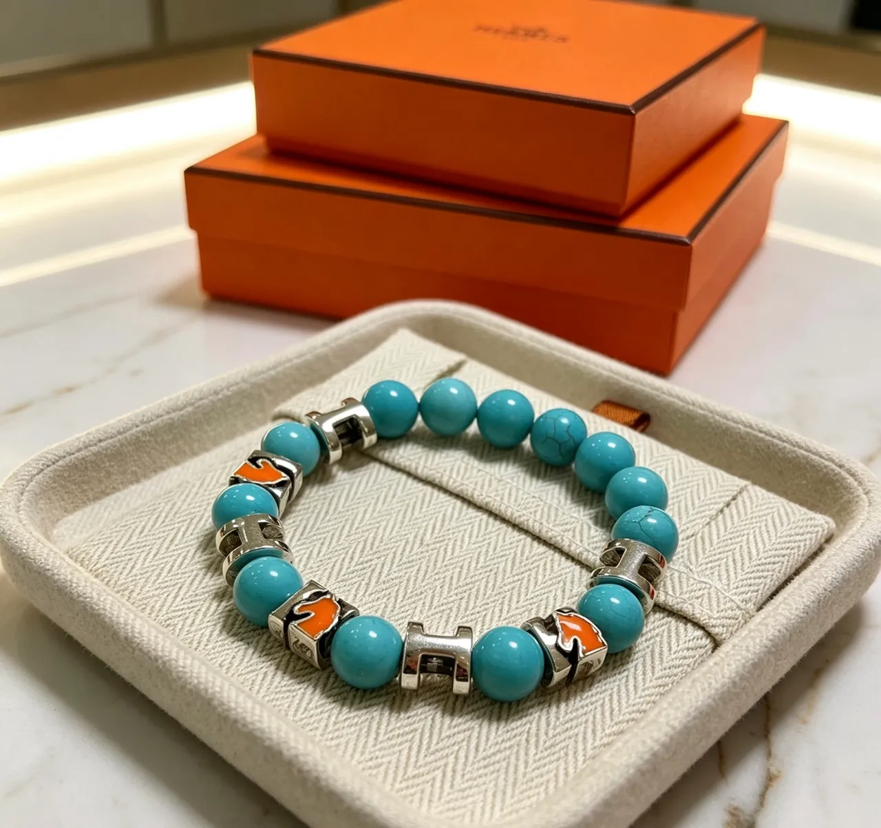 Hermès H-Link Blue Orange Beaded Motif Bracelet 8