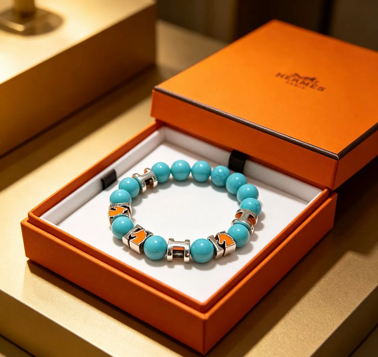 Hermès H-Link Blue Orange Beaded Motif Bracelet 9