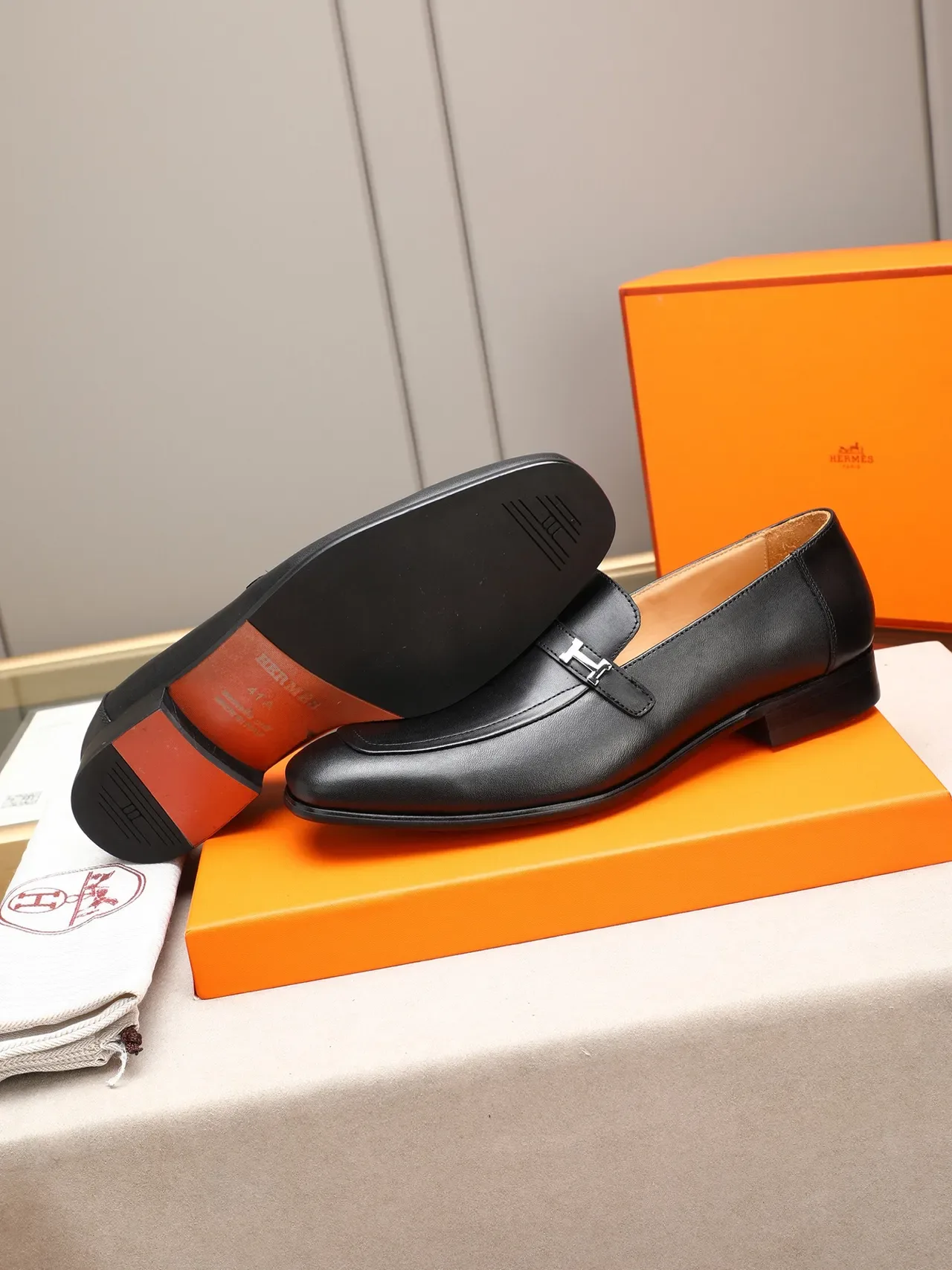Hermès H Loafer Black Leather Tan Lining Loafers 4
