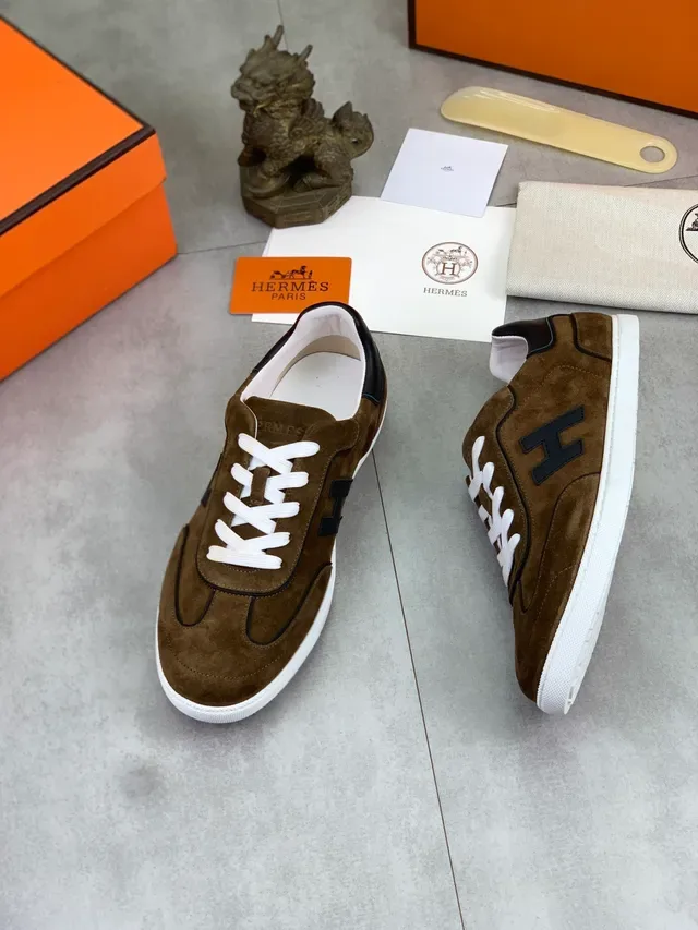 Hermès H Logo Sneakers Lifestyle Daim Marron Lacets Blanc 6