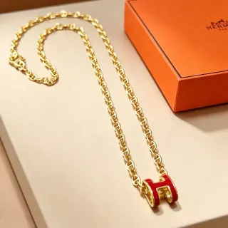 Hermès H Pendant Gold Red Mariner-Link Chain Enamel-Filled Necklace