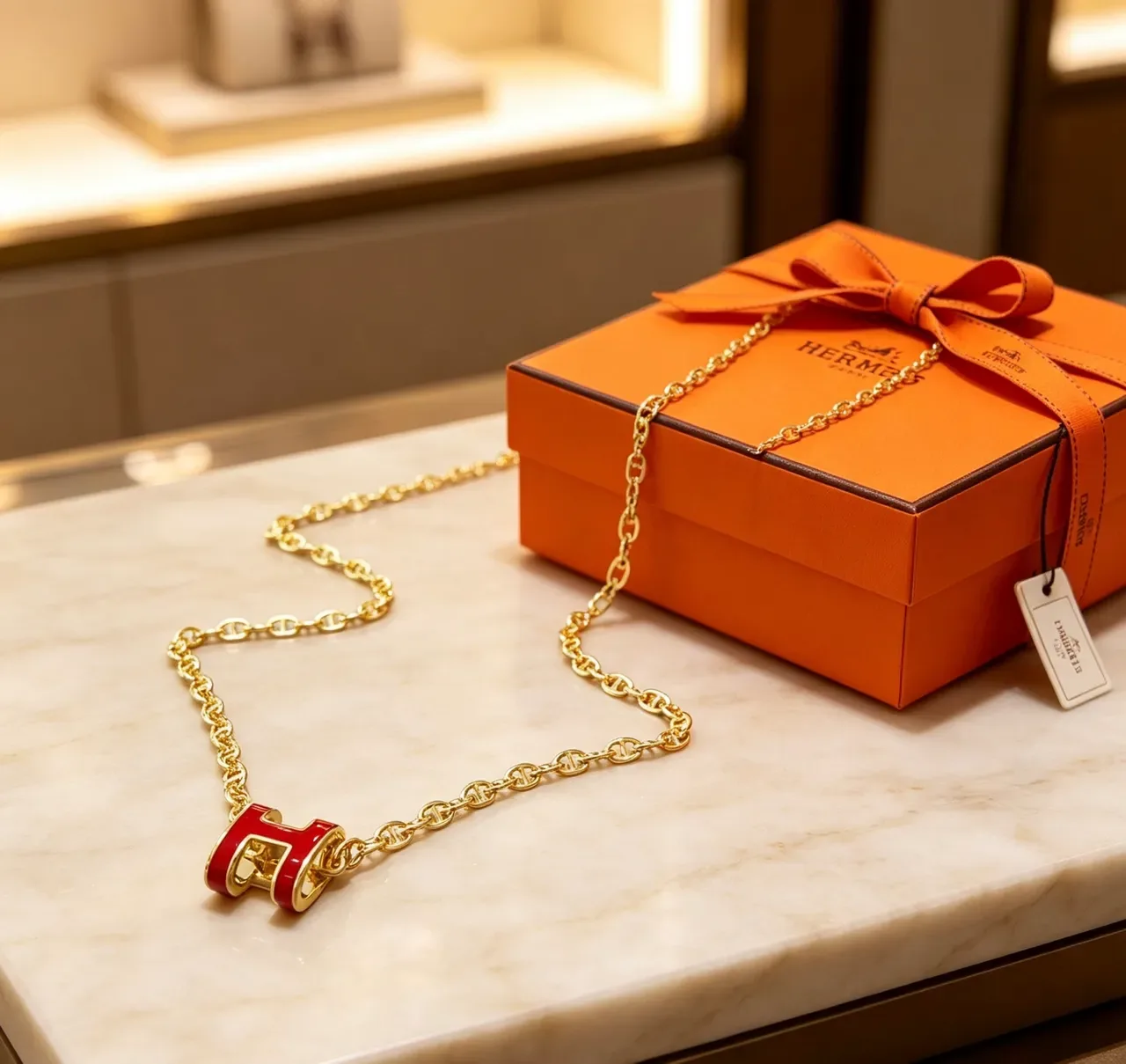 Collier Hermès H Pendant Or Rouge Chaîne Mariner-Link Émail Rempli 6