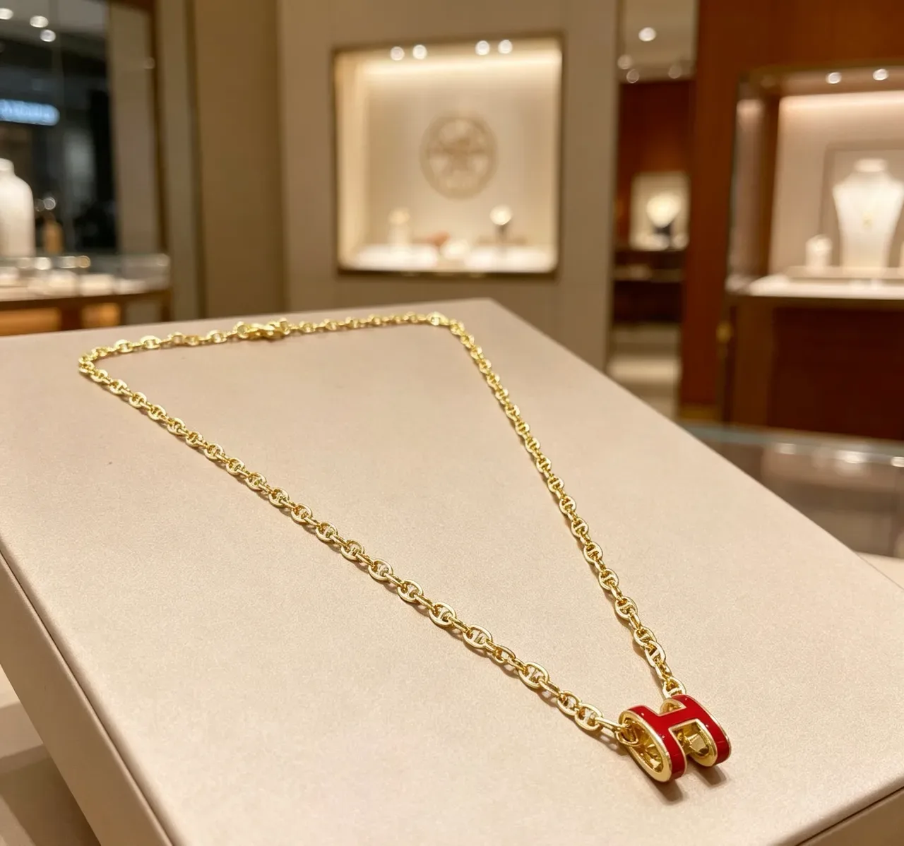 Collier Hermès H Pendant Or Rouge Chaîne Mariner-Link Émail Rempli 7