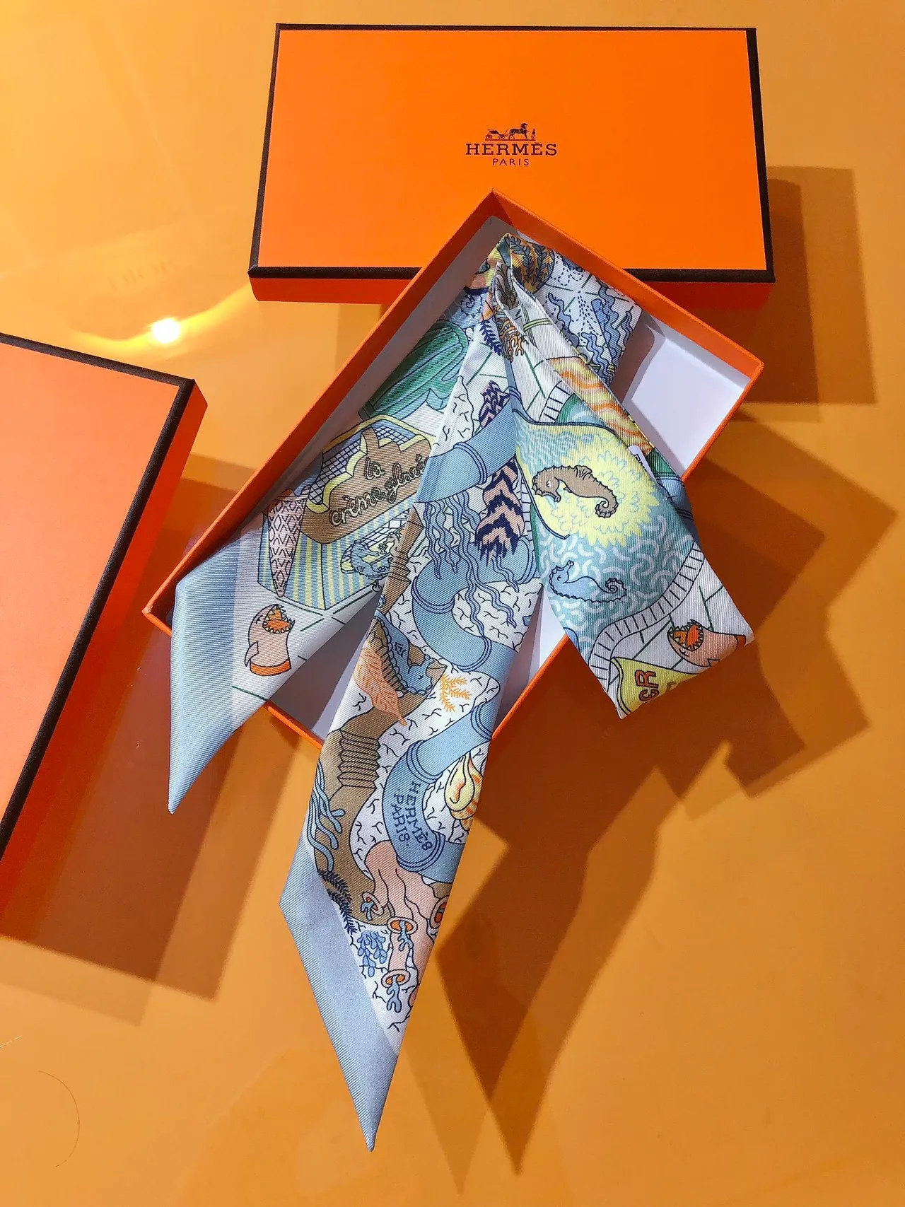 Hermès Motivo Ilustrado Borda Azul Claro Lenço de Seda 6
