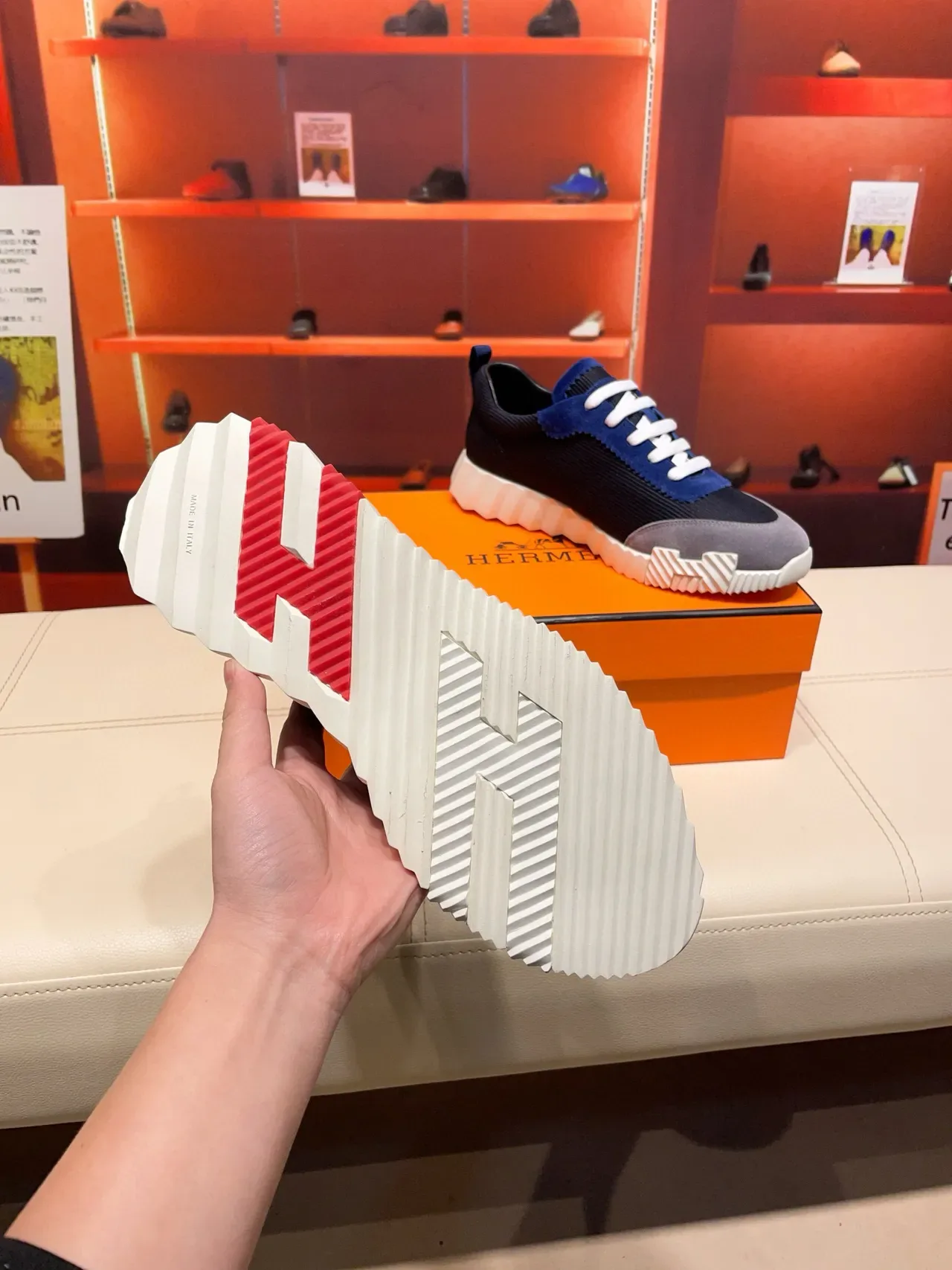 Hermès Navy Blue Mixed-Material Upper Sculpted Ridged Midsole Lifestyle Sneakers 3