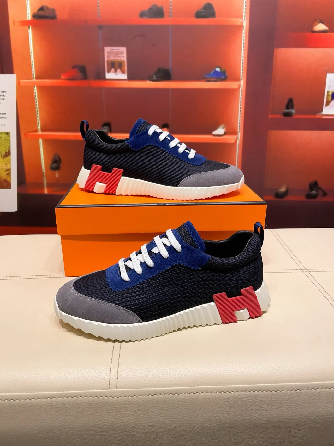 Hermès Navy Blue Mixed-Material Upper Sculpted Ridged Midsole Lifestyle Sneakers 4
